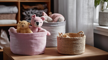 Fototapeta premium Stylish cloth baskets hold toys and rag dolls on table while toy storage baskets keep things tidy in children's room, discover smart organizing and storage ideas for nursery, with copy space