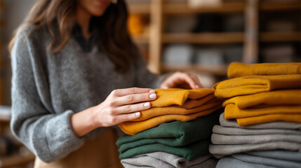 Faceless cropped female customers examining stack of organic clothing and cotton colors in eco-friendly shop showroom, light modern eco friendly fabric shop, sustainable shopping, defocused