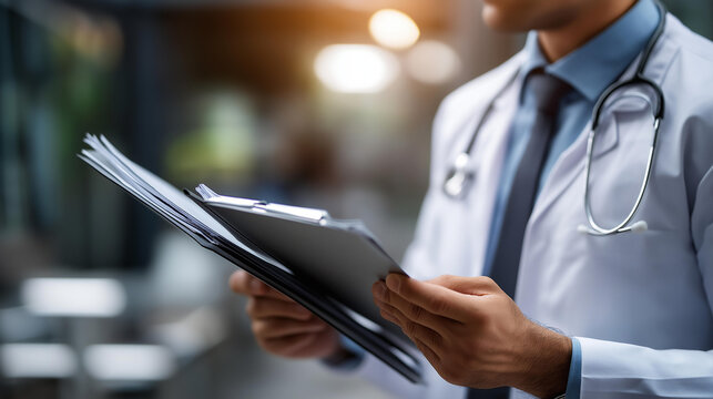 Faceless doctor makes choice of medical institution, healthcare facility selection, clinical decision-making, medical practice choosing, defocused professional, with copy space