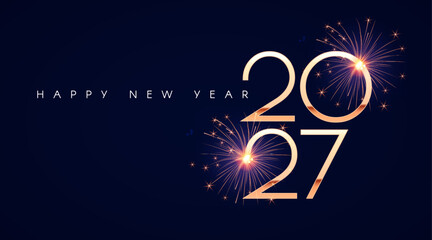 Happy New 2027 Year poster template with firework light effects. New Year gold number. Calendar design.