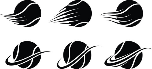 Abstract planet logo set with dynamic motion lines, futuristic space sphere icons, modern minimal vector design collection for branding use © Mst