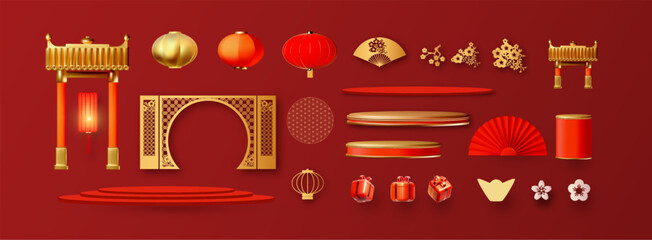 Chinese traditional elements set with podium collection. Asian holiday and offers. Lunar 3D New Year.