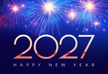 Happy New 2027 Year poster template with firework light effects. New Year gold number. Calendar design.