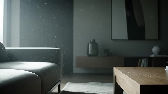 Modern living room with particles floating in air