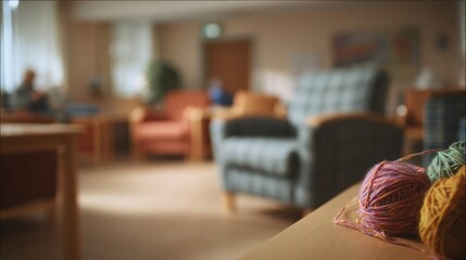 Medium shot of a shared living area in a care home featuring a focused resident knitting while the rooms soft lighting and furniture remain out of focus.