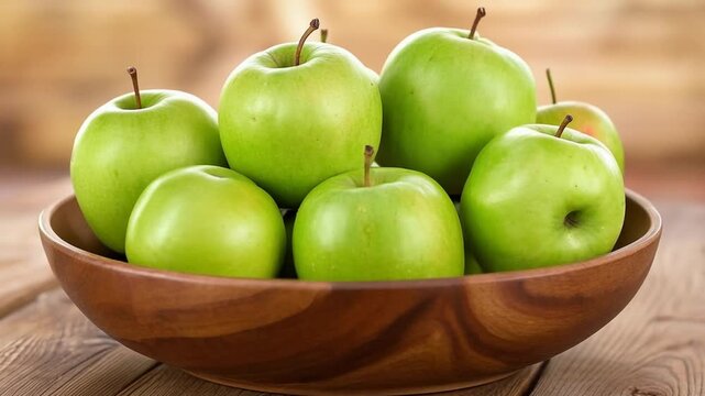 Fresh and Healthy Green Apples in a Wooden Bowl on Rustic Tabletop