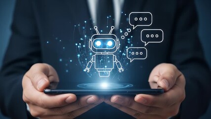 Businessman holding a smartphone with a glowing chatbot icon and speech bubbles.