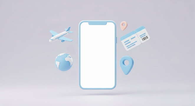 Modern smartphone surrounded by travel icons for planning trips and booking flights online - Powered by Adobe