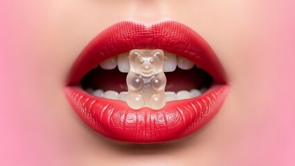 Lips holding clear gummy bear