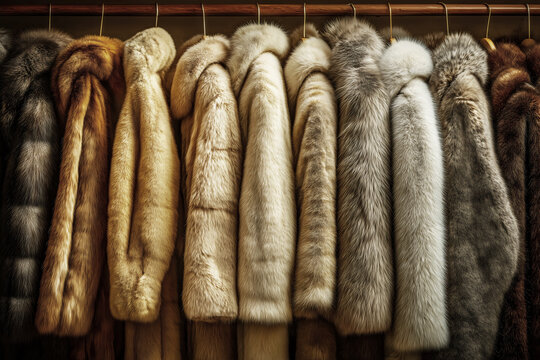 Retail rack of full length fur coats in shades of beige champagne and gray haute couture luxury winter fashion apparel.