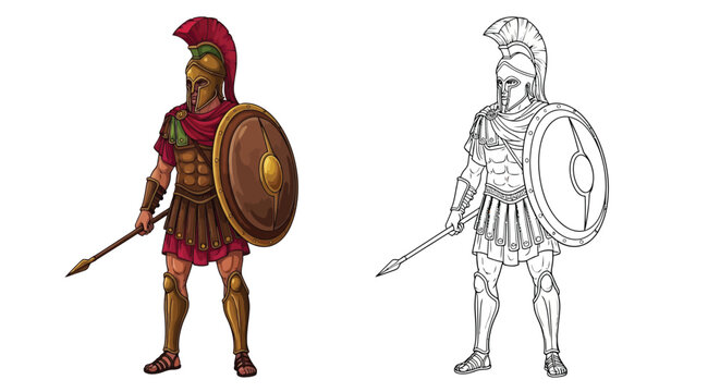 Ancient Greek Soldier Comparison Featuring Detailed Colorful Art and Minimalist Sketch Illustrations