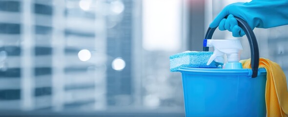 A hand holding a blue bucket with cleaning supplies, including a spray bottle and cloth, set against a modern city backdrop.