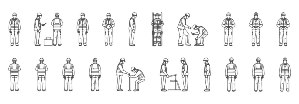 Construction workers CAD drawings, top and side view, helmets safety vests, architectural scale figures, vector outline &ndash; Professional Architectural CAD Collection