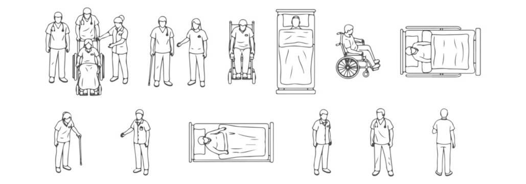 Medical staff CAD blocks, doctors nurses patients, top view architectural symbols, vector illustration &ndash; Professional Architectural CAD Collection