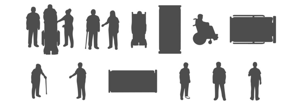 Medical staff silhouette CAD blocks, doctors nurses patients, top view architectural symbols, vector illustration &ndash; Professional Architectural CAD Collection