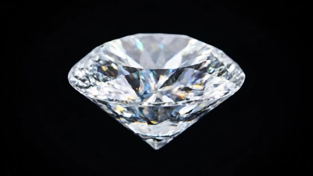 Stunning close up of a sparkling diamond rotating on a black background