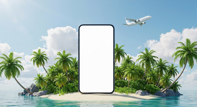 Island scene with palm trees and a smartphone on the beach while an airplane flies above
