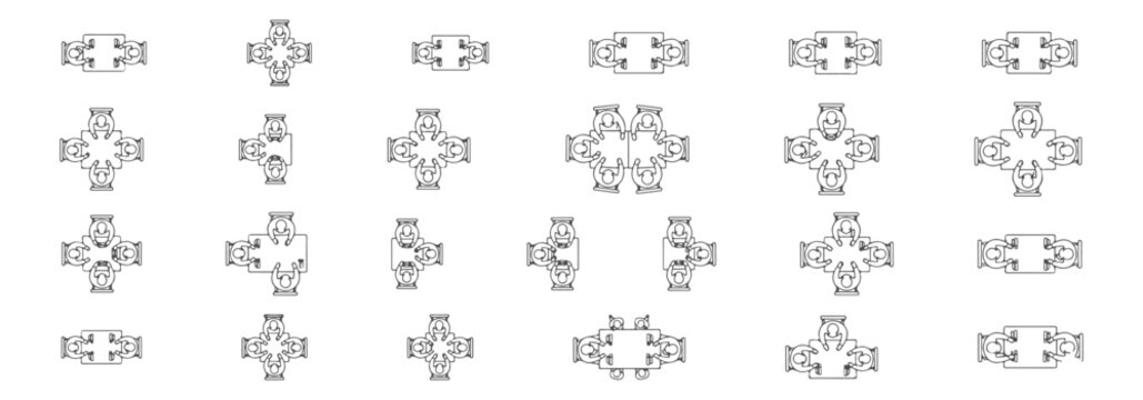 Top view people sitting at restaurant tables CAD drawings, dining activity, architectural plan style, vector outline only &ndash; Professional Architectural CAD Collection
