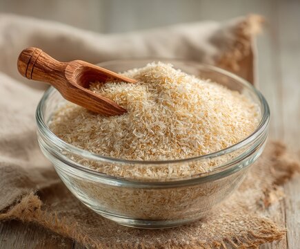 natural psyllium husk in a transparent glass bowl, small wooden scoop partially buried in the husks
