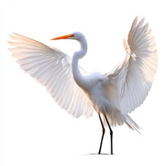 Obraz premium Elegant White Egret Bird Spreading Its Wings in Soft Golden Sunlight Against a White Background