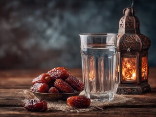 Ramadan fasting: water and dates, with a lantern in the background