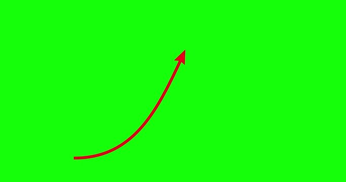 Chart arrow smooth red bow shape goes up and down greenbox. Two element graph rising and falling. Business cartoon animation green screen background. Economy metaphor.
