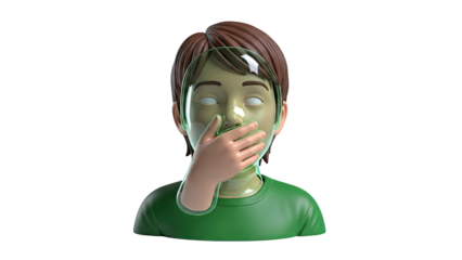 Person trapped in a transparent green bubble, covering mouth