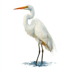 Fototapeta premium Great Egret Bird Standing in Shallow Water Against White Background Detailed Texture Close Up