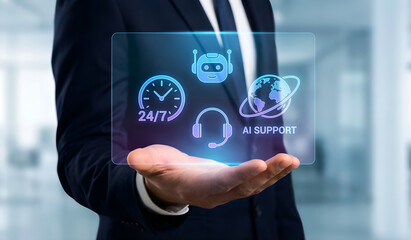 Businessman Holding AI Support Interface for Global Customer Service Tech
