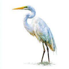 Great Egret Bird Standing Proudly With Yellow Beak Detailed Feather Texture Bright Lighting