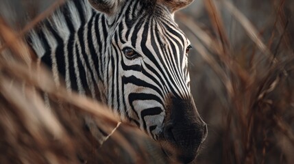 Close-up zebra portrait blending into natural grassland habitat, wildlife focus