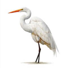 Fototapeta premium Great Egret Bird Standing Still White Plumage Orange Beak Green Eyes Dark Legs Isolated