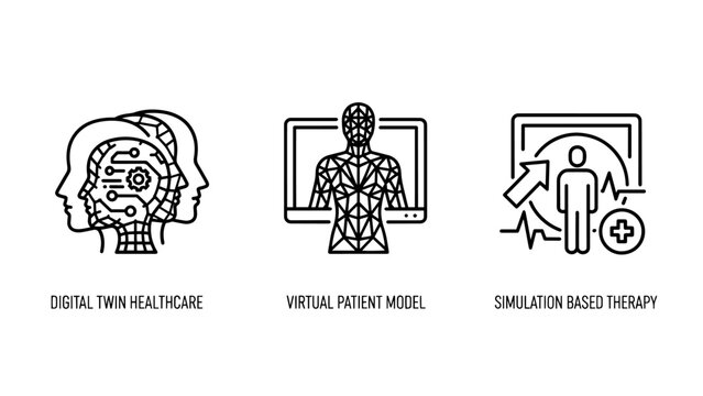 Digital health icons for virtual patient models, digital twin technology in medicine, and simulation based therapy.