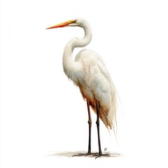 Fototapeta premium Great Egret Standing Profile White Background Delicate Feather Detail Orange Beak Long Neck