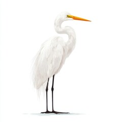 Fototapeta premium Great Egret Standing Tall in Shallow Water Against White Background Detailed Feathers Orange Beak