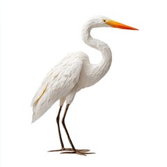 Fototapeta premium Great Egret Standing Tall With White Plumage And Orange Beak Against A Clean White Background