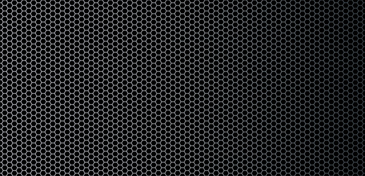 Dark metal hexagon grid pattern background. Seamless vector illustration of black perforated metallic mesh sheet with hexagonal holes for industrial and technology design.