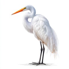 Obraz premium Majestic Great Egret Standing on White Background with Orange Beak and Black Legs Detailed Feather Texture