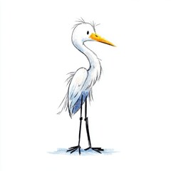 Fototapeta premium Whimsical White Egret Bird Standing Tall With Bright Yellow Beak Against White Background