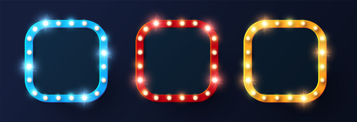 Shining retro light banner collection. Casino, gambling, game, cinema, sale.