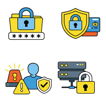 Password security shield credit card alert user protection server padlock and warning icon illustrate cybersecurity data protection and online safety concepts with vibrant colors