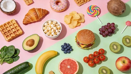 Assorted foods on colorful background