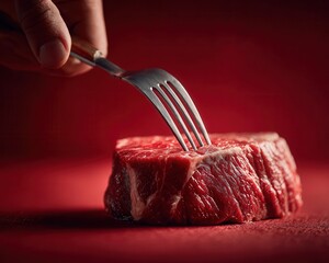 Raw beef steak lying on a bright solid red background, a metal fork pierced into the steak