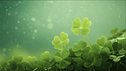 Green clover and four leaf lucky shamrocks on a dreamy backdrop with bokeh and light particles for saint patrick day animation.