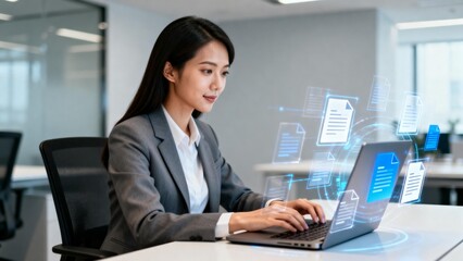 Woman working on laptop with digital documents