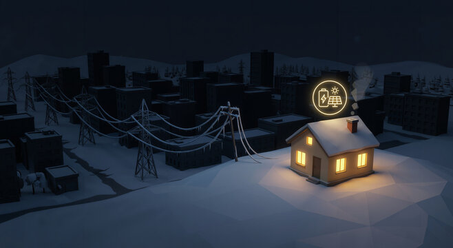 Resilient home with solar energy and battery backup during city blackout. Solar panel and battery icon over a lit house in a dark winter town.