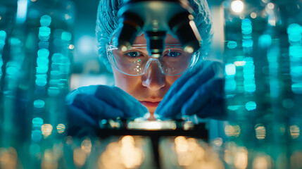 Female scientist working in a laboratory. She is using a microscope and looking at the camera.