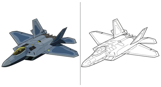 F 22 Raptor Stealth Jet Illustration Set with Vibrant Color and Artist Sketch Versions