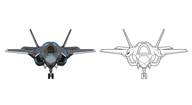 F 35 Lightning II Fighter Jet Illustration Featuring Line Drawing and Full Color Versions