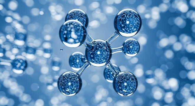 Molecular structure depiction in blue hues with shiny spheres - Powered by Adobe